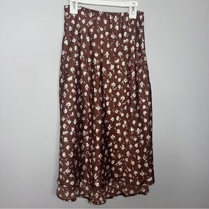 Sienna Sky Brown & Cream Floral High/Low Midi Satin Skirt Size XS